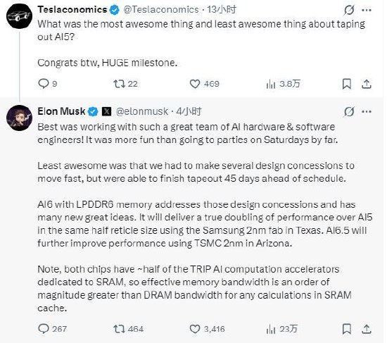 马斯克称AI5提前45天完成流片，AI6性能将翻倍